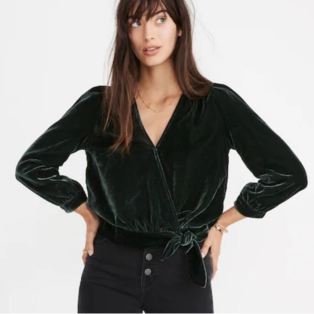Madewell Deep Green‎ V neck Velvet Wrap Top – Size XXS